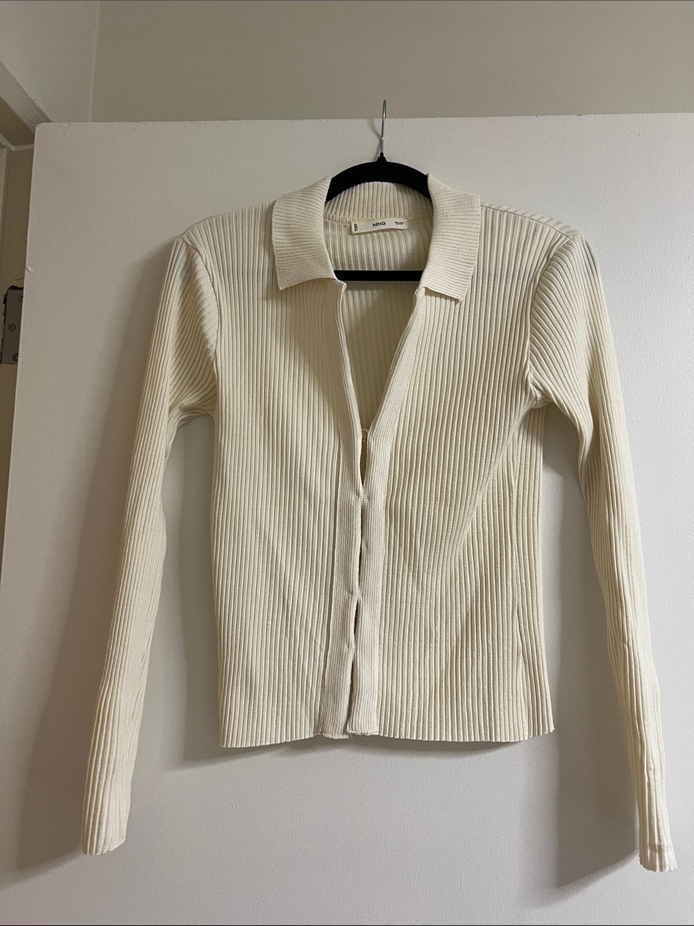Mango Cream Ribbed Collared Button-Front Cardigan